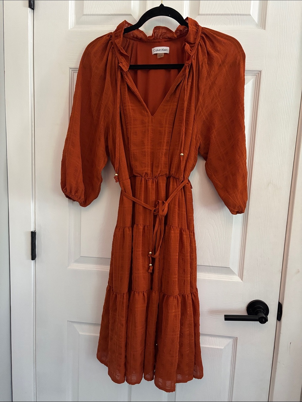 Calvin Klein Rust Tiered V-Neck Midi Dress